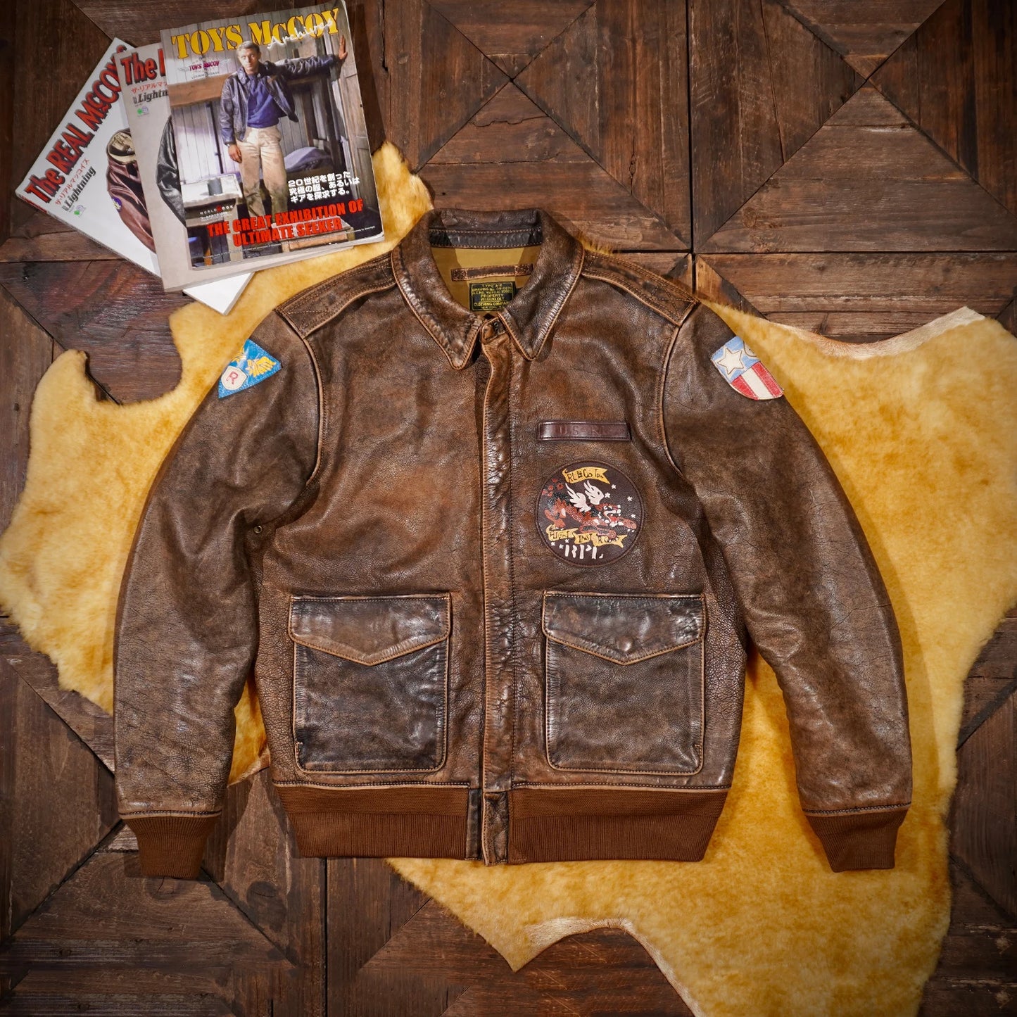 Tailor Brando Full Grain Vegetable Tanned Washed Aged A2 Flying Tigers Bomber Jacket Men's Classic Short Leather Jacket