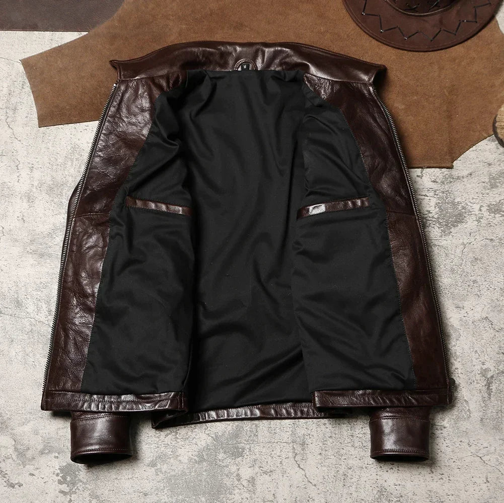 Tailor Brando Retro Men's Lapel Workwear Newsboy Cowhide Jacket Wax Dyed Goat Genuine Leather Jacke