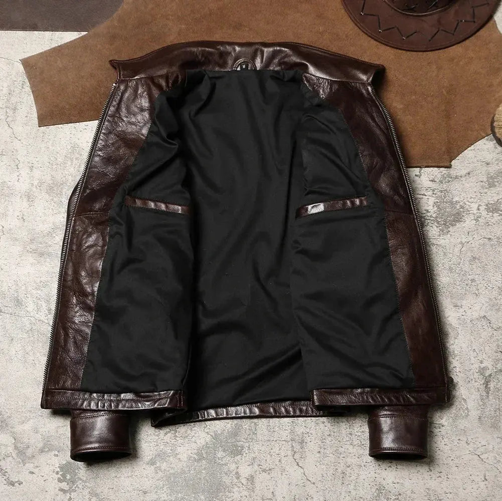 Tailor Brando Retro Men's Lapel Workwear Newsboy Cowhide Jacket Wax Dyed Goat Genuine Leather Jacke Tailor Brando