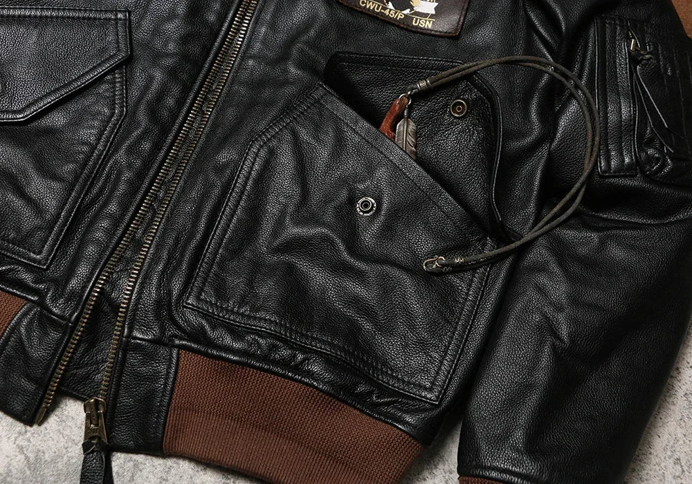American Retro Leather Flight Suit Jacket Slightly Cowhide Jacket Men's and Women's Lapel High-waisted Shoulder Leather Jacket