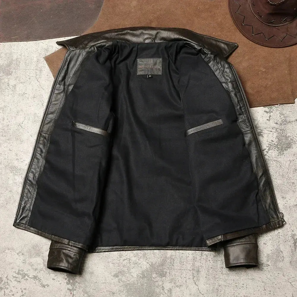 American Retro Mendoza Leather Coat with Wax Cowhide Lapels Short Tooling Coat Leather Farmer Leather Jacket Tailor Brando