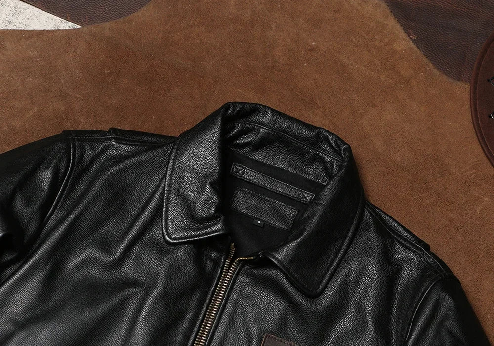 American Retro Leather Flight Suit Jacket Slightly Cowhide Jacket Men's and Women's Lapel High-waisted Shoulder Leather Jacket