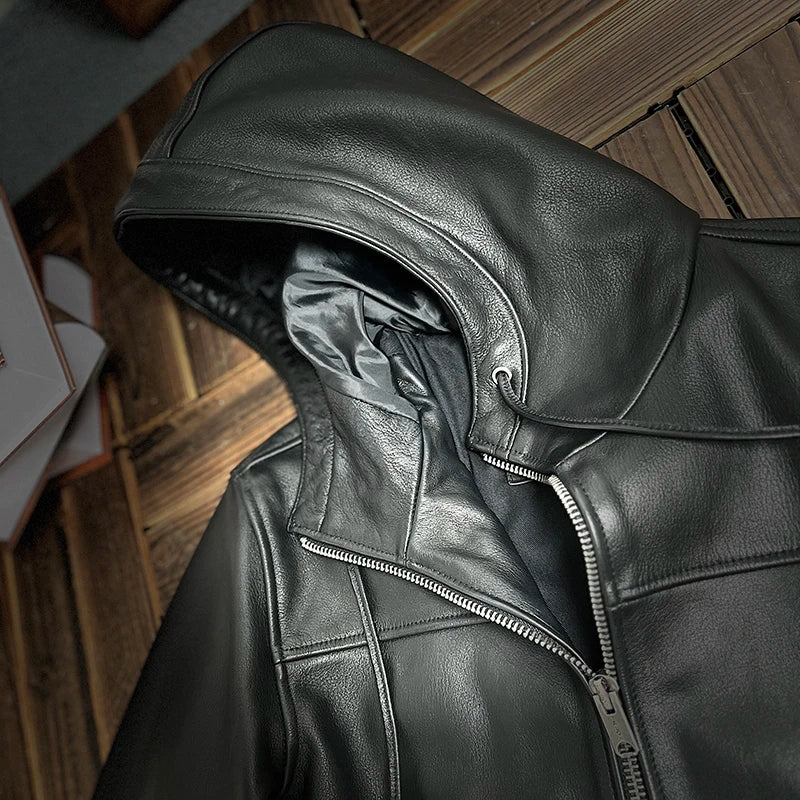 Tailor Brando Full Grain Water-dyed Cowhide Men's Casual Hooded Short Genuine Leather Jacket