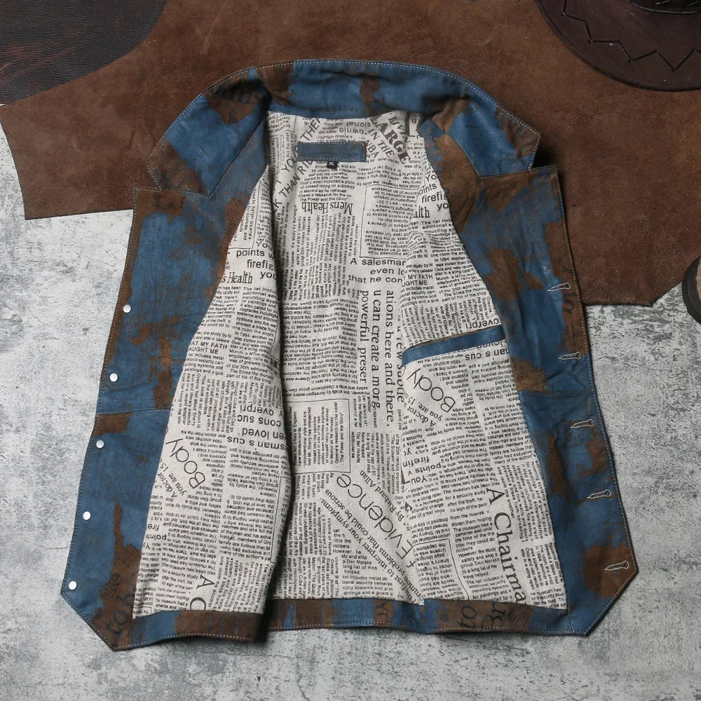 Newspaper Printed Genuine Leather Vest, Retro Vintage Work Clothes, Leather Vest, Men's British Slim Fit, Polished Cowhide