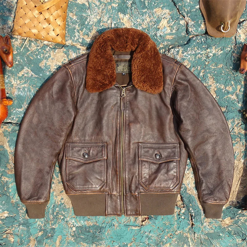 Tailor Brando Heavy Washed Aged Cowhide Men's G1 Pilot Jacket Removable Fur Collar Genuine Leather Jacket