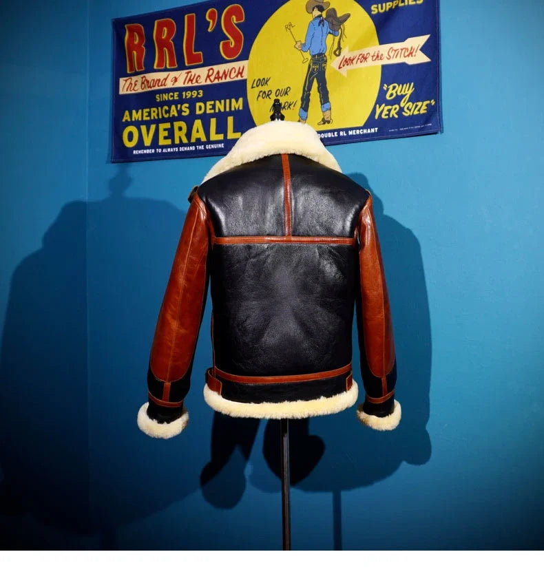 Patton Merino B3 Fur Integrated Flying Jacket with Horsehide Patchwork Motorcycle Leather Jacket, American Retro and Heavy