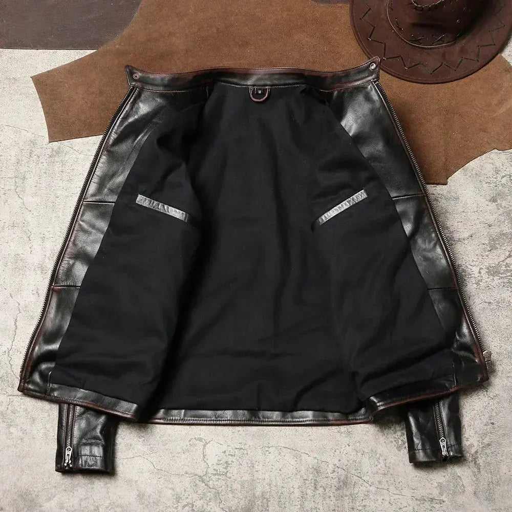 Venom Biker Leather Jacket Vintage Distressed Hard Tea-core Cowhide Jacket Stand Collar Slim Fit Clicker Leather Jacket Tailor Brando
