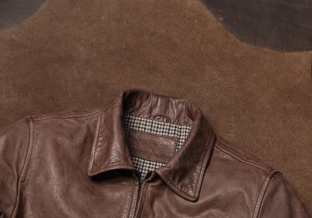 Jacky Cheung's Short Flip Collar Amikaki Leather Jacket with Retro Vintage Leather Jacket, Wax Dyed Unpainted Cowhide
