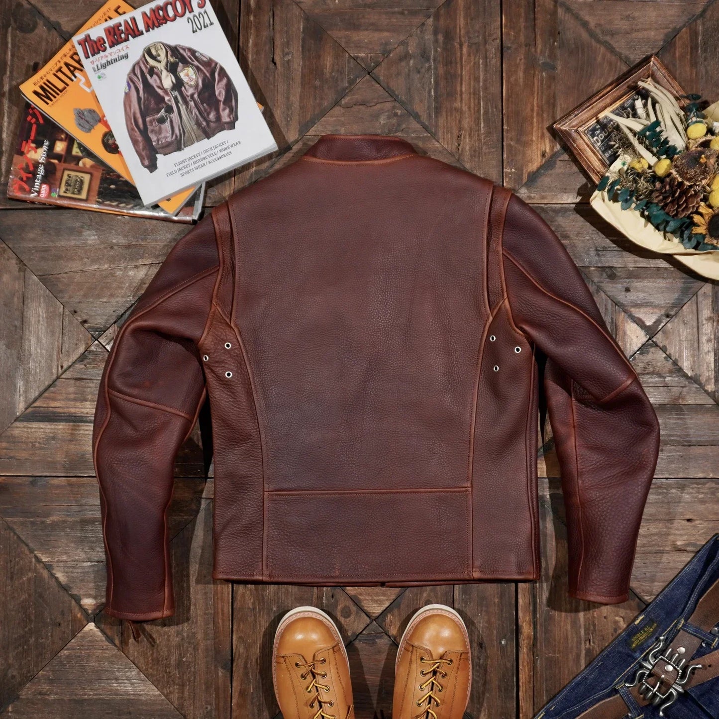Tailor Brando 1.6mm J100 Batik Full Grain Cowhide Men's Retro Short Genuine Leather Biker Jacket
