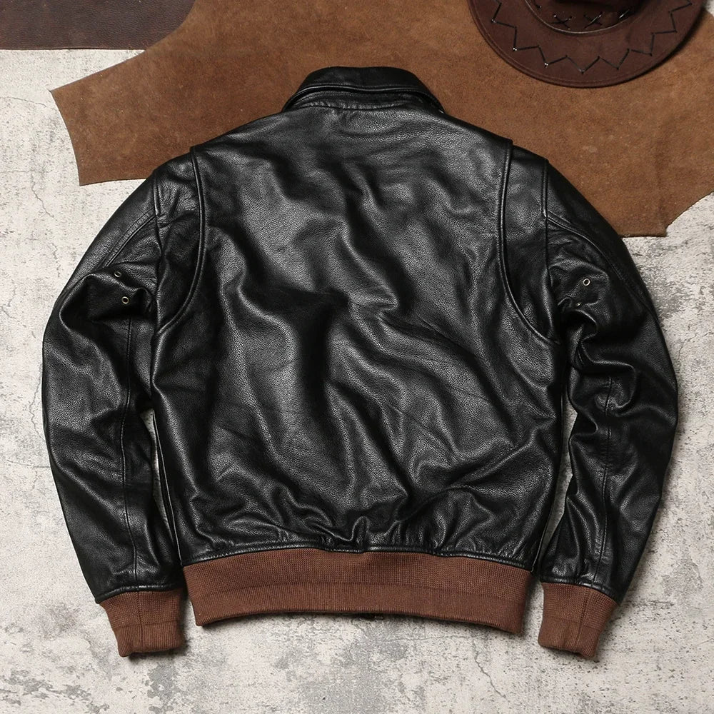 American Retro Leather Flight Suit Jacket Slightly Cowhide Jacket Men's and Women's Lapel High-waisted Shoulder Leather Jacket