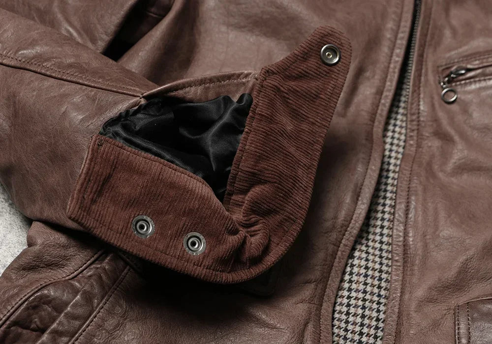 Jacky Cheung's Short Flip Collar Amikaki Leather Jacket with Retro Vintage Leather Jacket, Wax Dyed Unpainted Cowhide