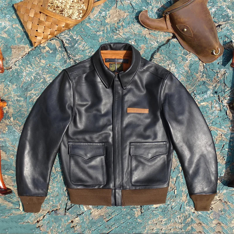 Eastman Escape A2 Edition Flight Suit Black Translucent Dyed Horse Skin Genuine Leather Coat Men's Short Leather Jacket Top