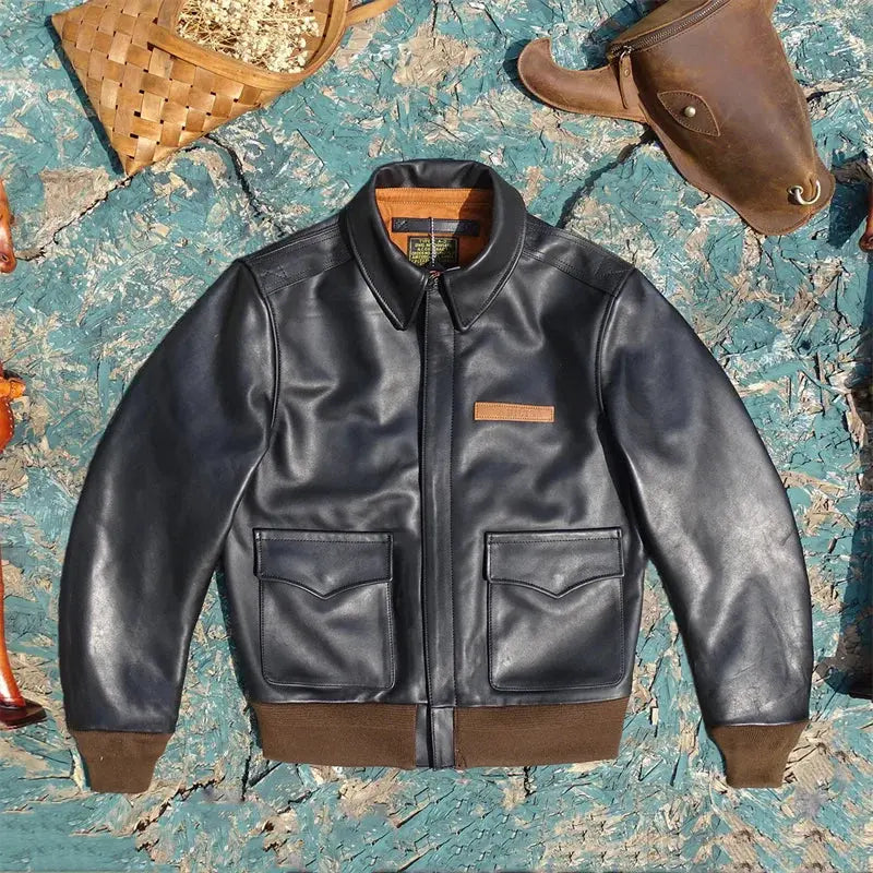 Eastman Escape A2 Edition Flight Suit Black Translucent Dyed Horse Skin Genuine Leather Coat Men's Short Leather Jacket Top Tailor Brando