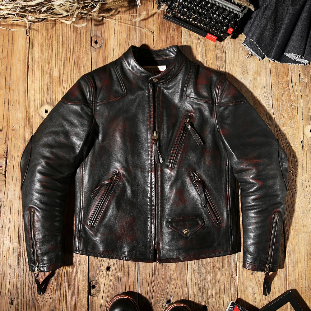 Tailor Brando Full Grain Washed Aged Tea Core Horsehide Collar Slim Retro Men's Genuine Leather Biker Jacket