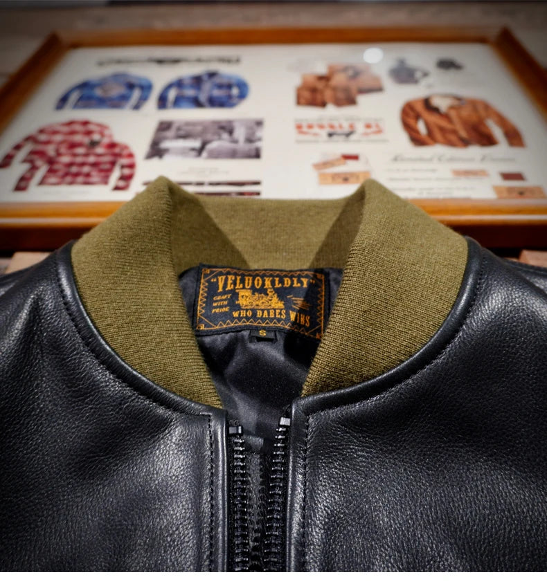 Classic MA1 Flying Suit Jacket, Water Dyed Cowhide Leather Jacket, Short Motorcycle Baseball Suit, Top Layer of Genuine