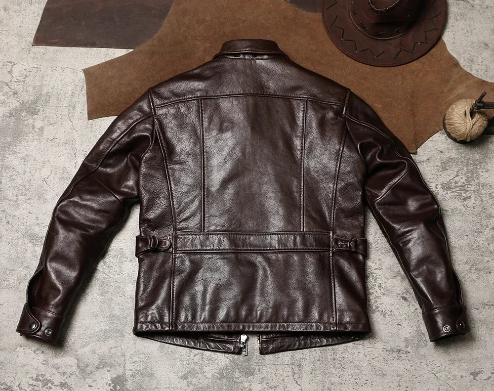 Tailor Brando Retro Men's Lapel Workwear Newsboy Cowhide Jacket Wax Dyed Goat Genuine Leather Jacke