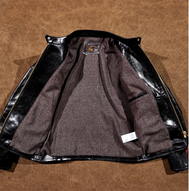 RL Style Heavyweight Tea Core Horseskin Venom Leather Jacket Men's Stand-up Collar Biker Jacket American Retro Short Tom Hardy