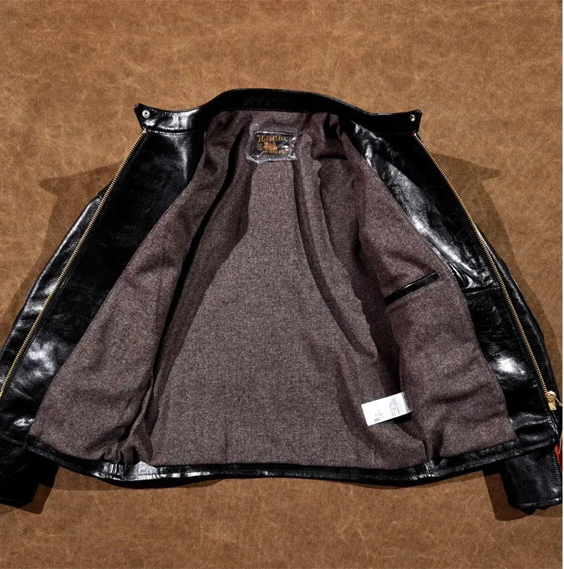 RL Style Heavyweight Tea Core Horseskin Venom Leather Jacket Men's Stand-up Collar Biker Jacket American Retro Short Tom Hardy Tailor Brando