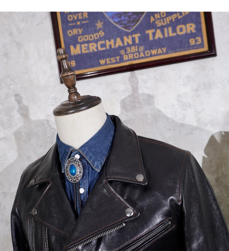2023 Classic Japanese Lapel Motorcycle Jacket Vegetable Tanned Horseskin Diagonal Leather Men's Short Slim Leather Jacket