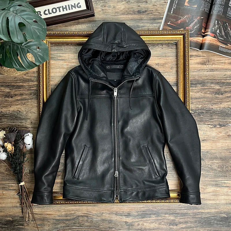 Tailor Brando Full Grain Water-dyed Cowhide Men's Casual Hooded Short Genuine Leather Jacket
