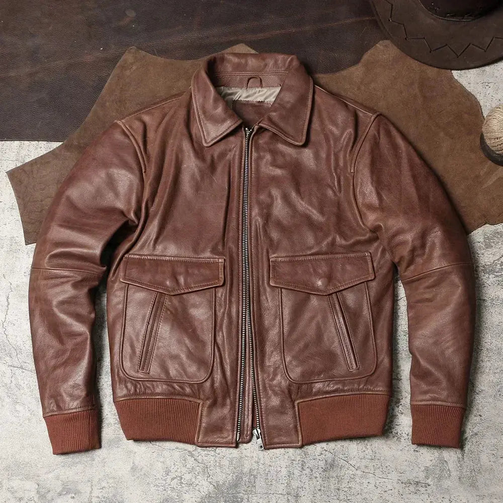 Tailor Brando Turmeric Retro A2 Bomber Jacket Wax Uncoated Top Layer Cowhide Men's Lapel Genuine Leather Jacket Tailor Brando