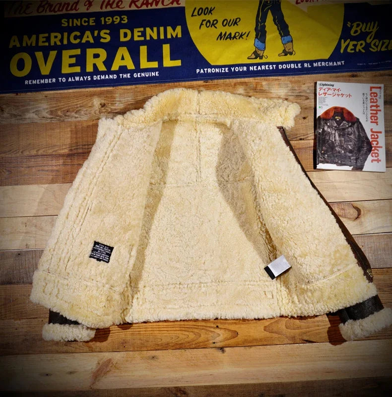 American Retro Heavy Flight Classic B3 Sheepskin Fur Integrated Leather Jacket Bomber Jacket Merino Motorcycle Men