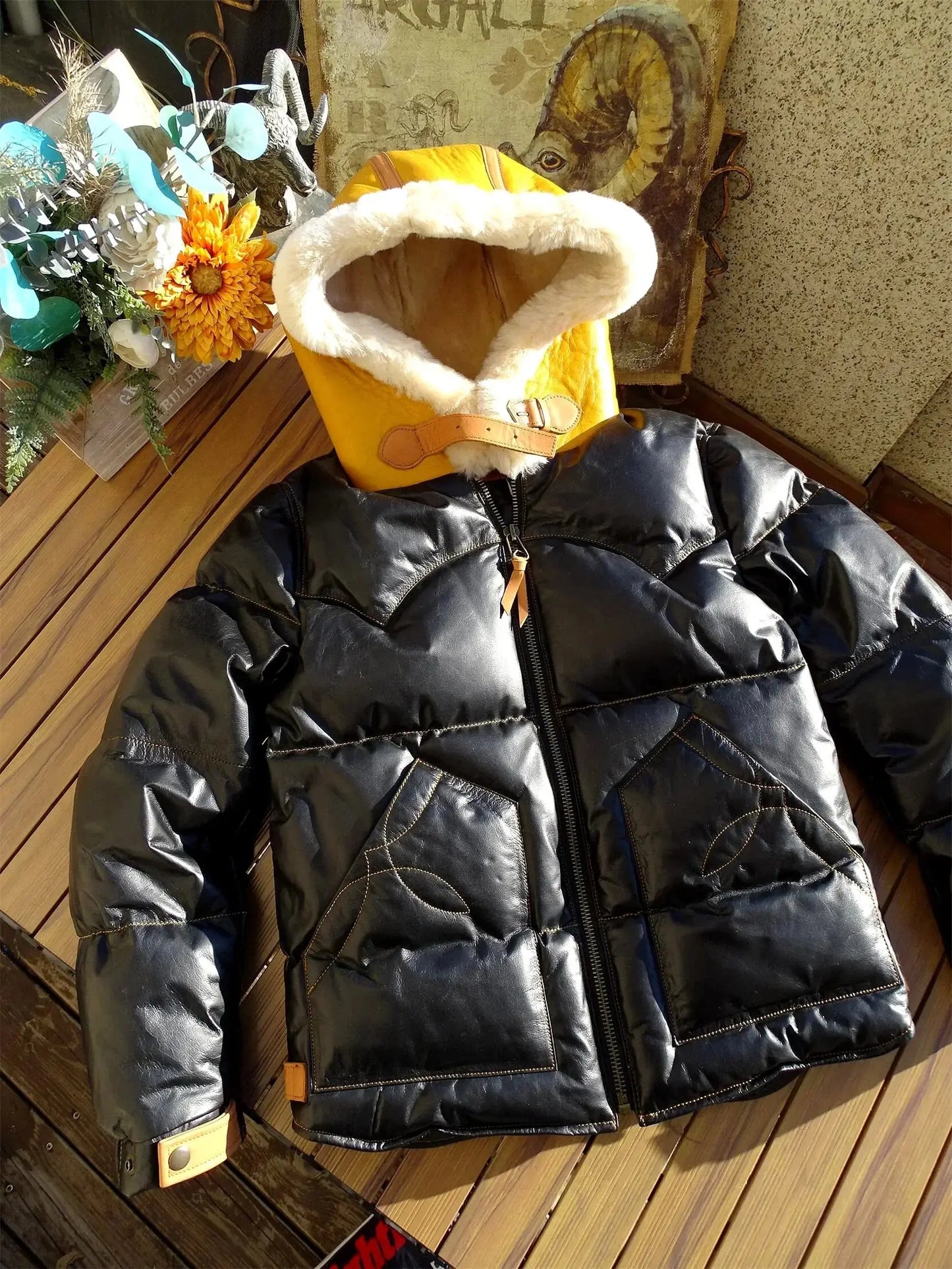 Tailor Brando Original Sheep Shearling & Vegetable Tanned Sheepskin Hooded Down Jacket Winter Warm Genuine Leather Jacket Tailor Brando