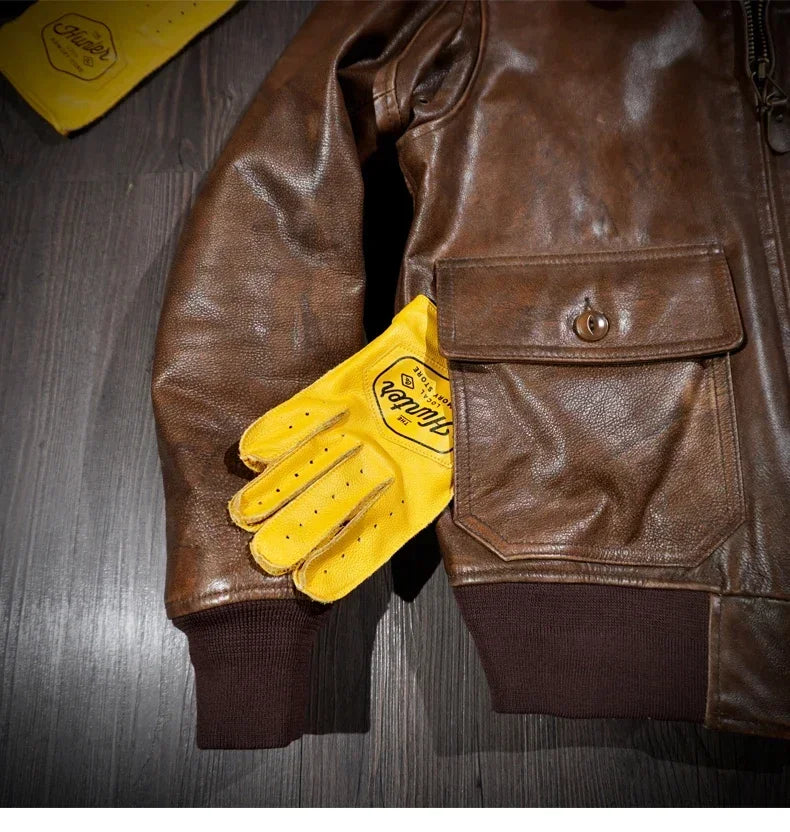 Tailor Brando American Vintage G1 Pilot Jacket Handmade Old Cowhide Biker Hair Collar Short Genuine Leather Menswear