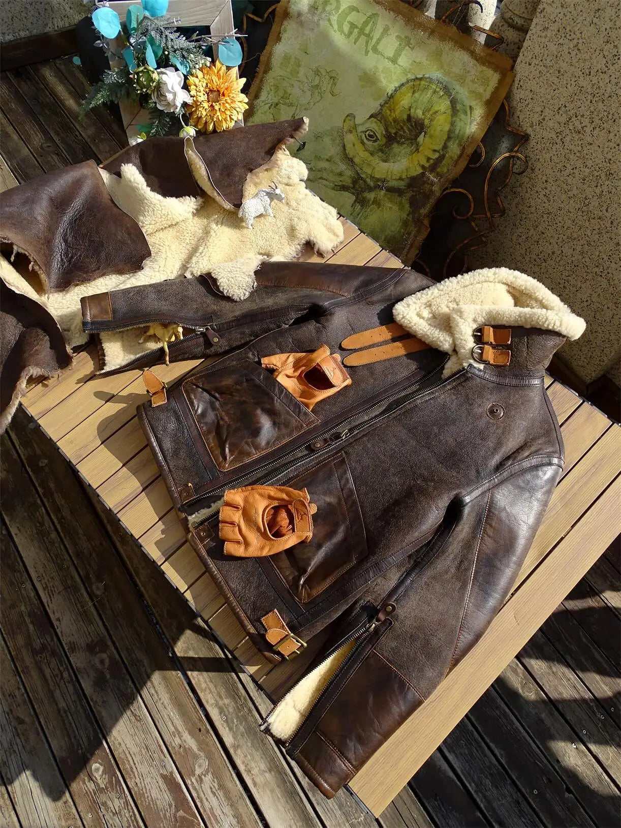 Tailor Brando Turkey Original Sheep Shearling & Vegetable Tanned Tea Core Cowhide Men's Classic Bomber Warm Genuine Fur Jacket