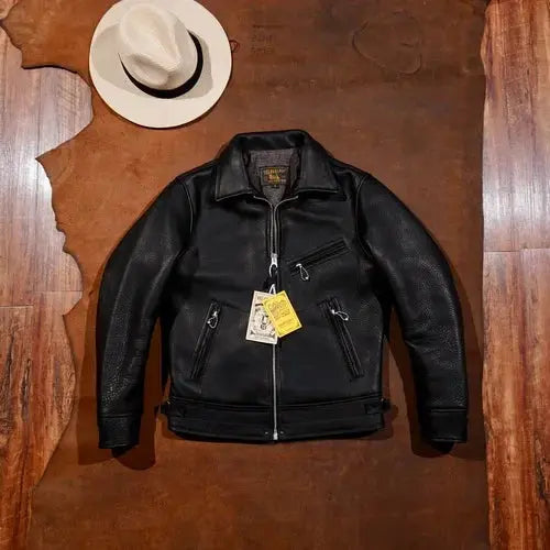 2.0 Thick and Heavy J100 Holven Horween1930S Full Grain Cowhide Leather Men's Motorcycle Short Stand Collar. Tailor Brando