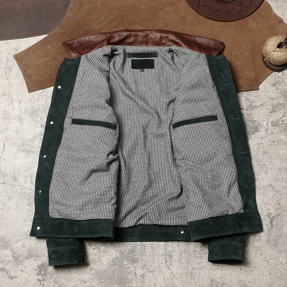 Retro Fitter Suede Jacket with Distressed Suede Leather Jacket, Suede Leather Jacket with Lapel Collar, Electrician's Suit