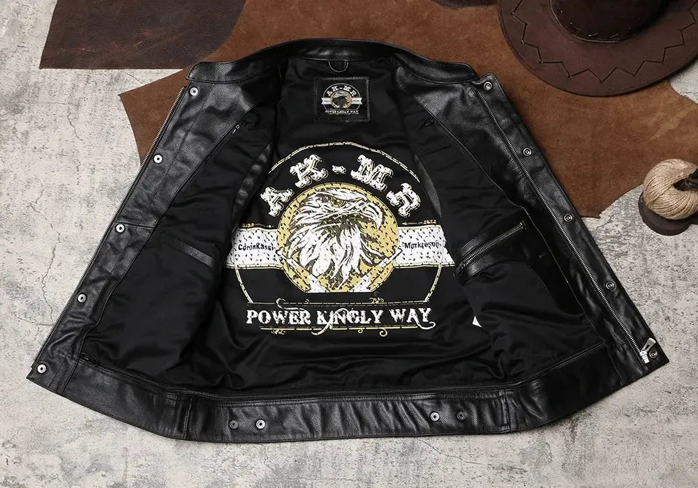 Club Biker Gang Leather Luminous Reflective Cargo Leather Vest Men's Cowhide Riding Leather Vest Tailor Brando