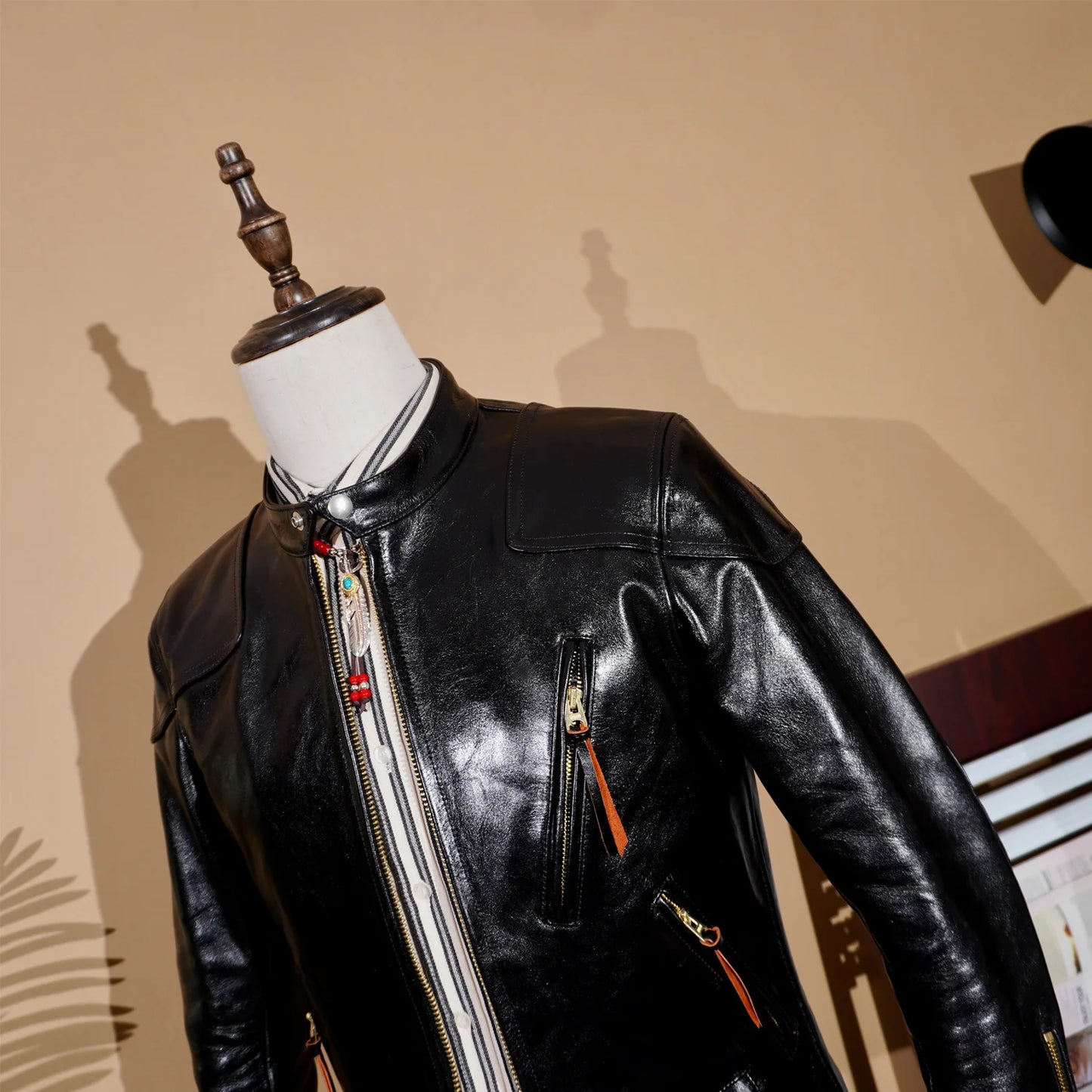 RL Style Heavyweight Tea Core Horseskin Venom Leather Jacket Men's Stand-up Collar Biker Jacket American Retro Short Tom Hardy
