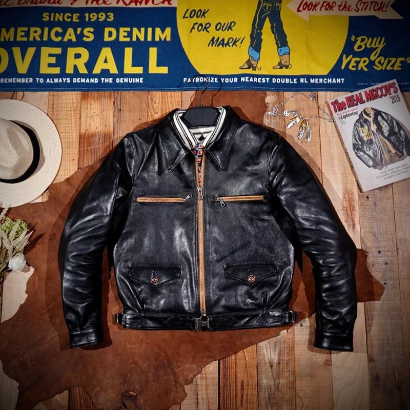 Classic Hartmann Oil Wax Plant Tanned Horse Leather Coat for Men's Motorcycle Short Black Flying Jacket Slim Fit American Retro
