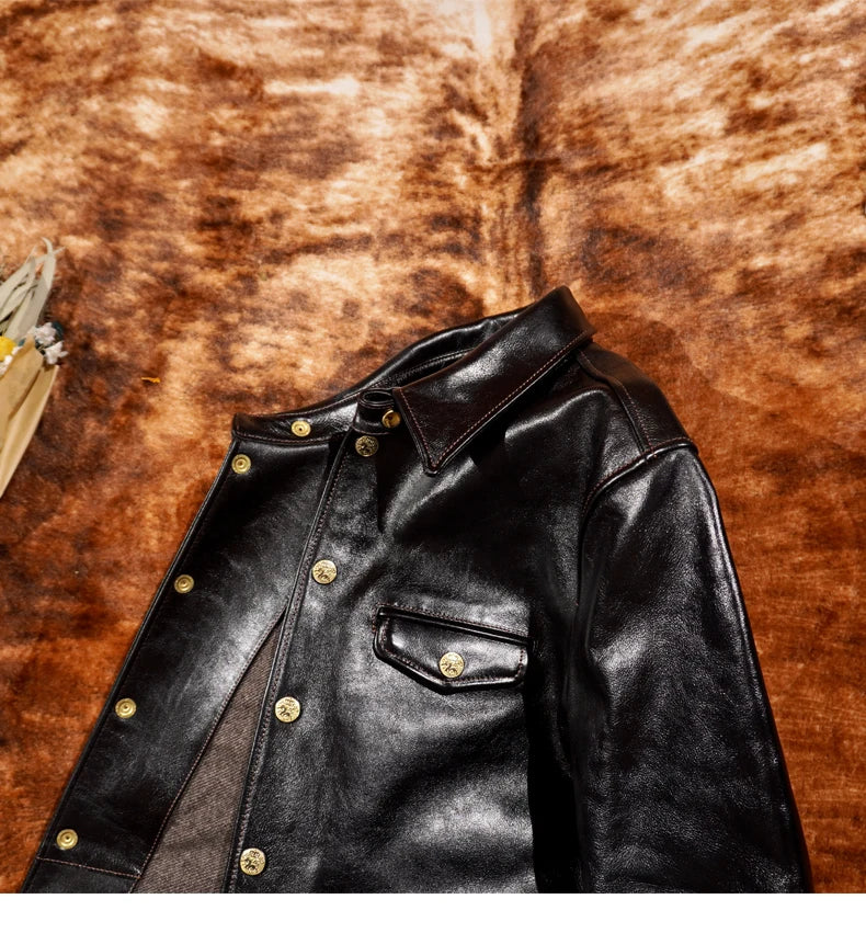 Classic Sturdy Retro Railway Tooling Brakeman Horseskin Leather Men's Jacket American Retro Aramco Click