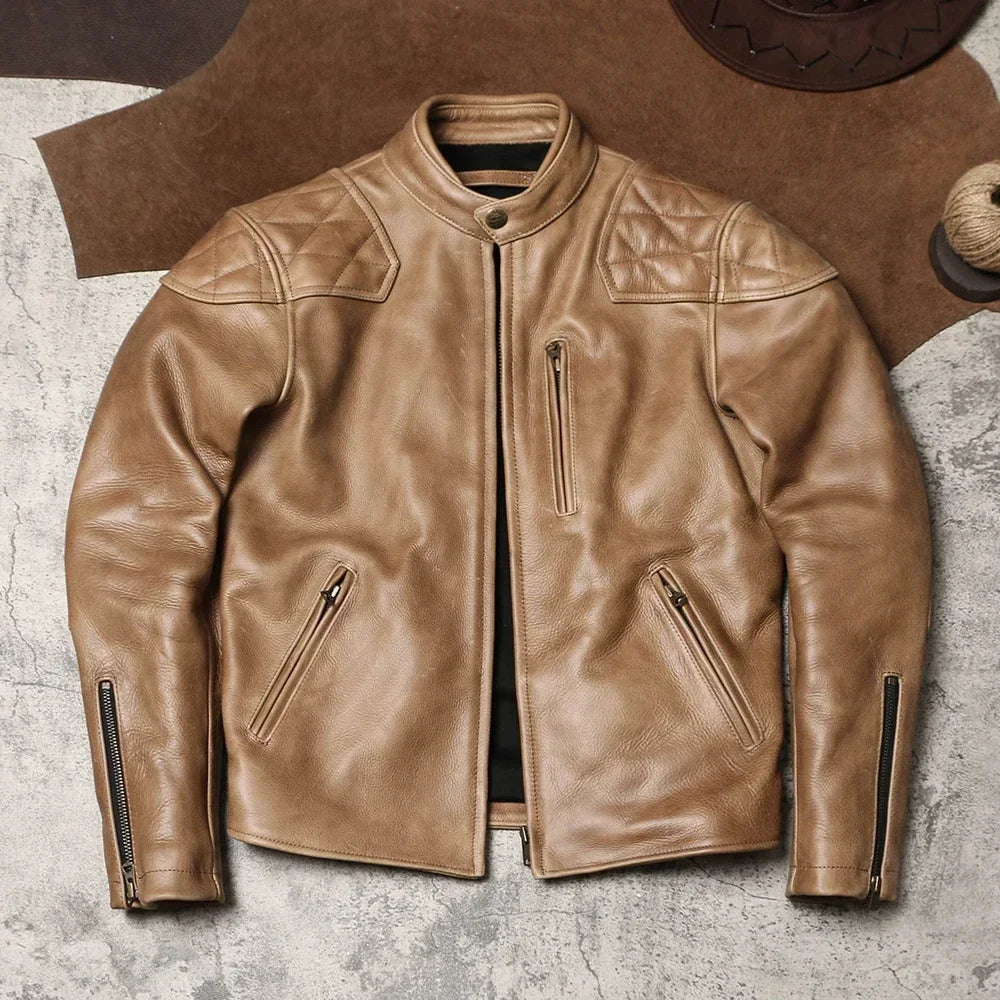 Heavy Venom Stand Collar Locomotive Slim Fit Leather Jacket Batik Unpainted Top Layer Cowhide Jacket Autumn Winter