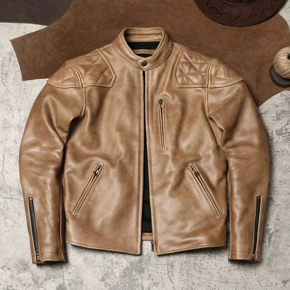 Heavy Venom Stand Collar Locomotive Slim Fit Leather Jacket Batik Unpainted Top Layer Cowhide Jacket Autumn Winter Tailor Brando