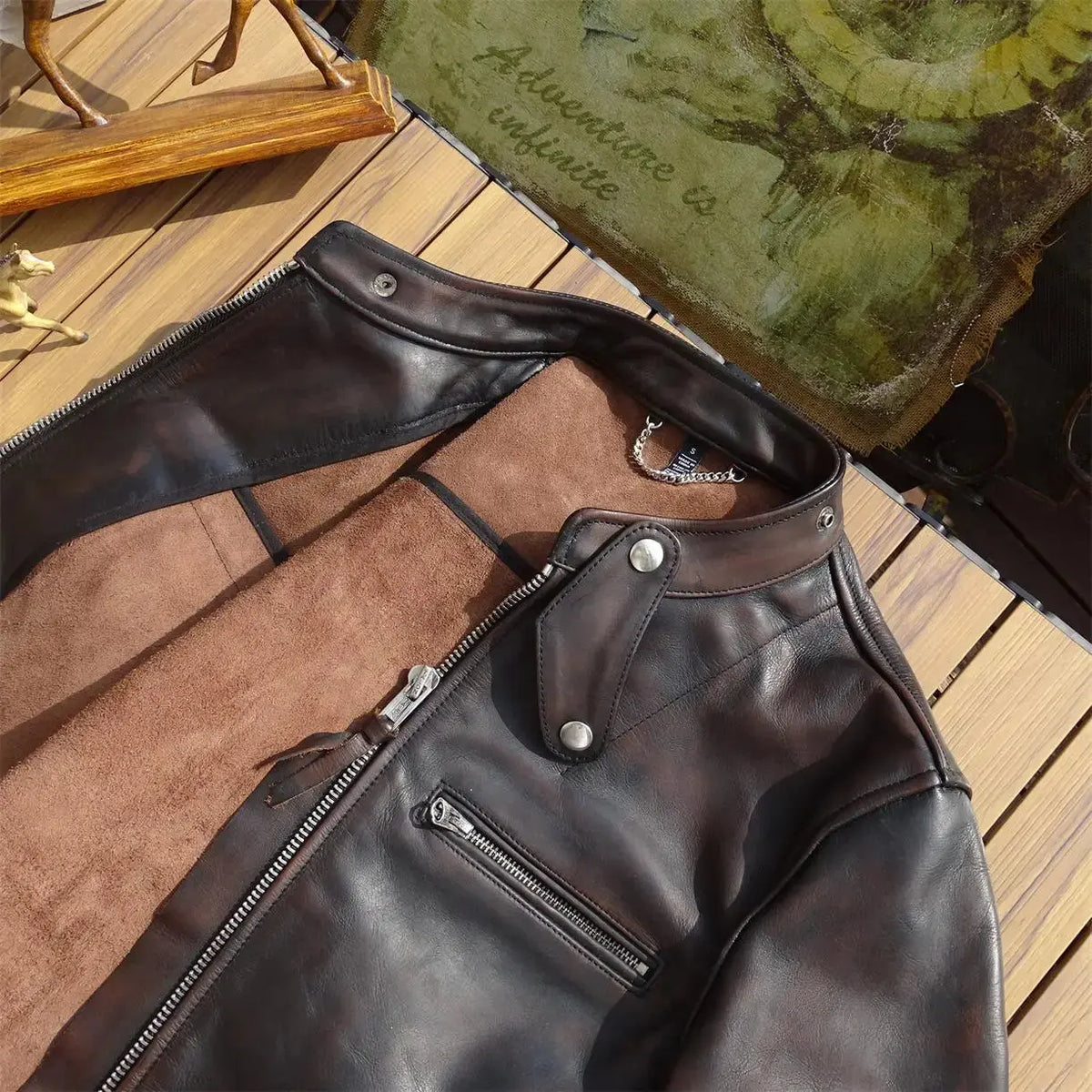 Tailor Brando Italian Full Grain Vegetable Tanned Handaged Tea Core Horsehide Men's J100 Vintage Leather Short Biker Jacket Tailor Brando