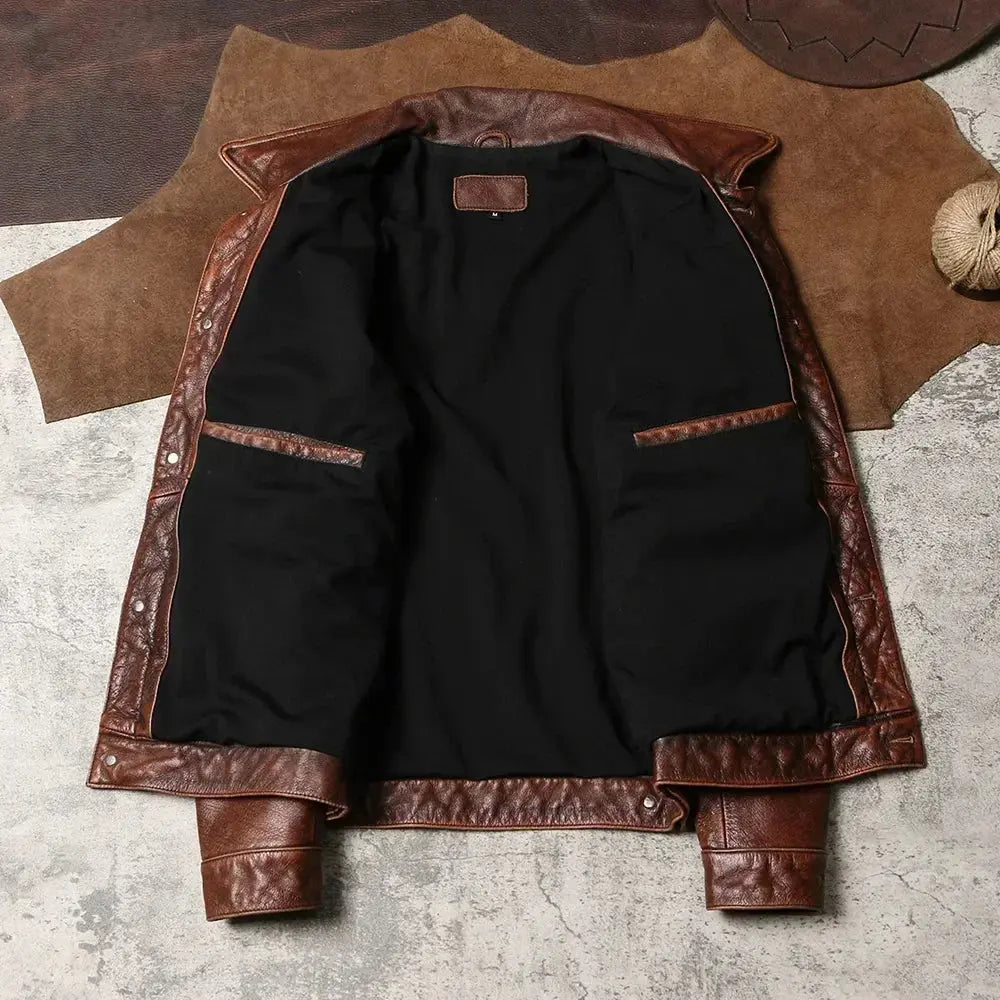 Tailor Brando Retro Distressed Antique Copper Color 506 Short Flip Collar Workwear Men's Top Layer Genuine Leather Jacket Tailor Brando
