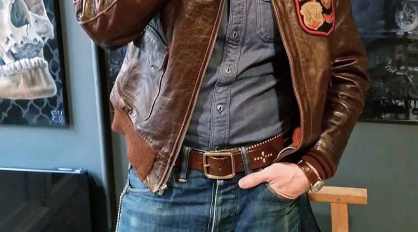 Tailor Brando Vegetable Tanned Oil Waxed Horsehide Men's Classic A2 Aviator Jacket Short Genuine Leather Jacket
