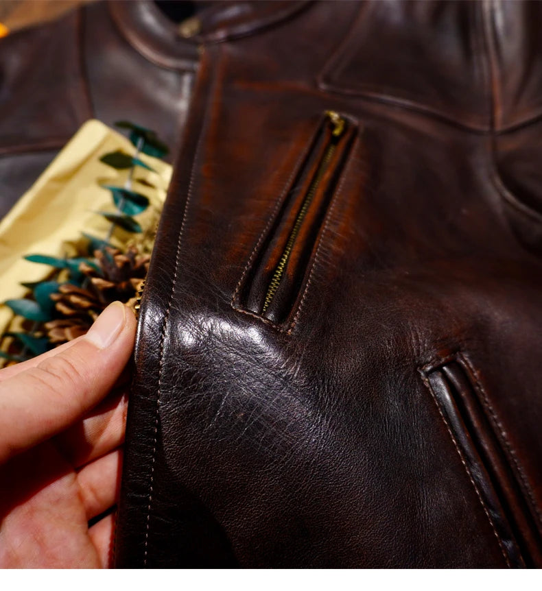 Tailor Brando Full Grain 1.5mm Tea Core Horsehide Venom Classic Vintage Leather Biker Jacket