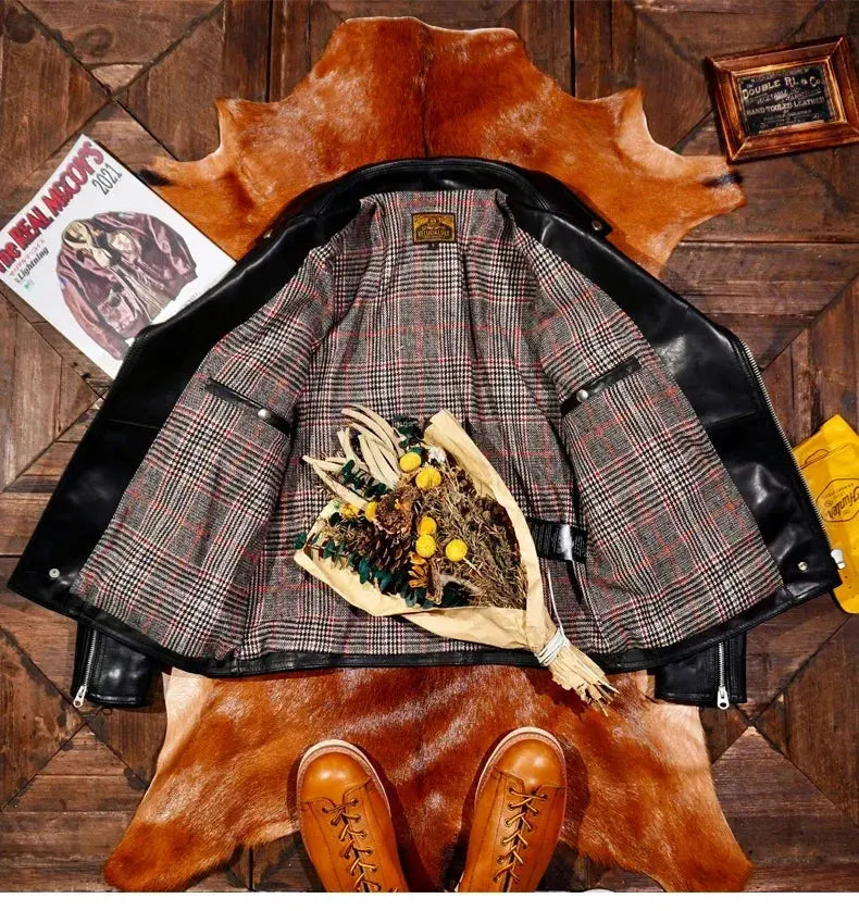 Tailor Brando Heavy 1.5mm Batik Horsehide Classic 6*13 Men's Short Retro Double Rider Genuine Leather Jacket Tailor Brando