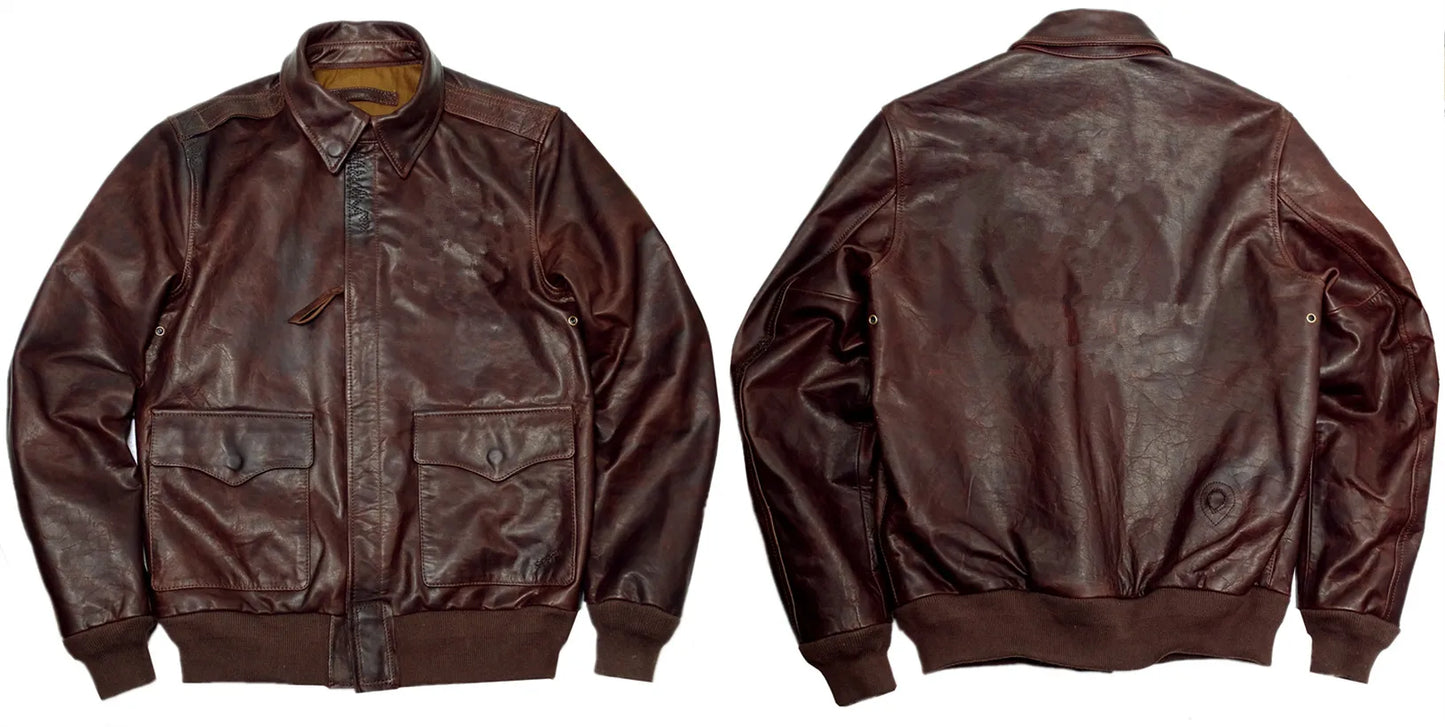 Tailor Brando Vegetable Tanned Oil Waxed Horsehide Men's Classic A2 Aviator Jacket Short Genuine Leather Jacket