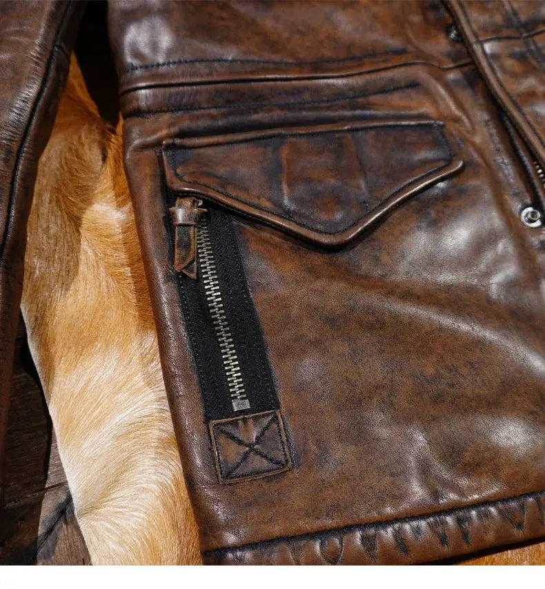 Tailor Brando Heavyweight 1.5MM Classic M65 Tea Core Vegetable Tanned Cowhide Genuine Leather Jacket Tailor Brando