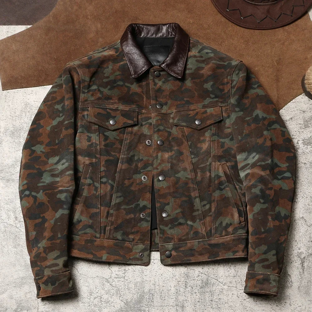 Tailor Brando Camouflage Heavy-duty Frosted Cowhide Jacket Men's Workwear 507 High Waisted Genuine Leather Jacket