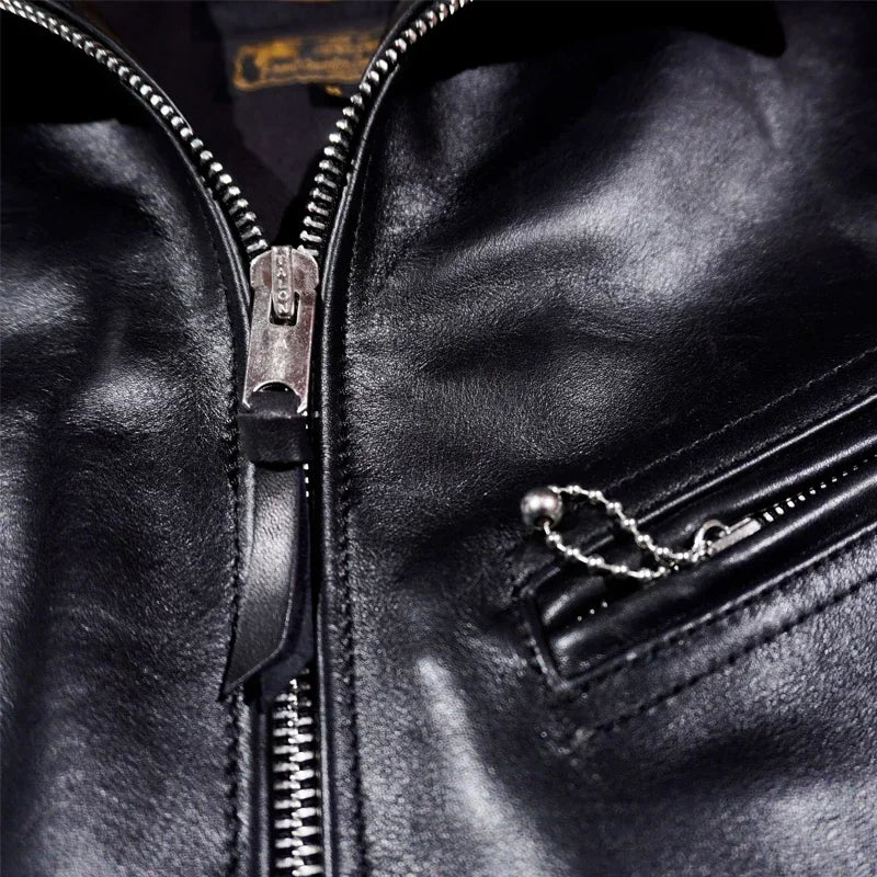 Classic Muhrando Wooden Box Leather Coat Italian Unpainted Wax Dyed Cowhide Motorcycle Leather Jacket Slim Fit Short Men's