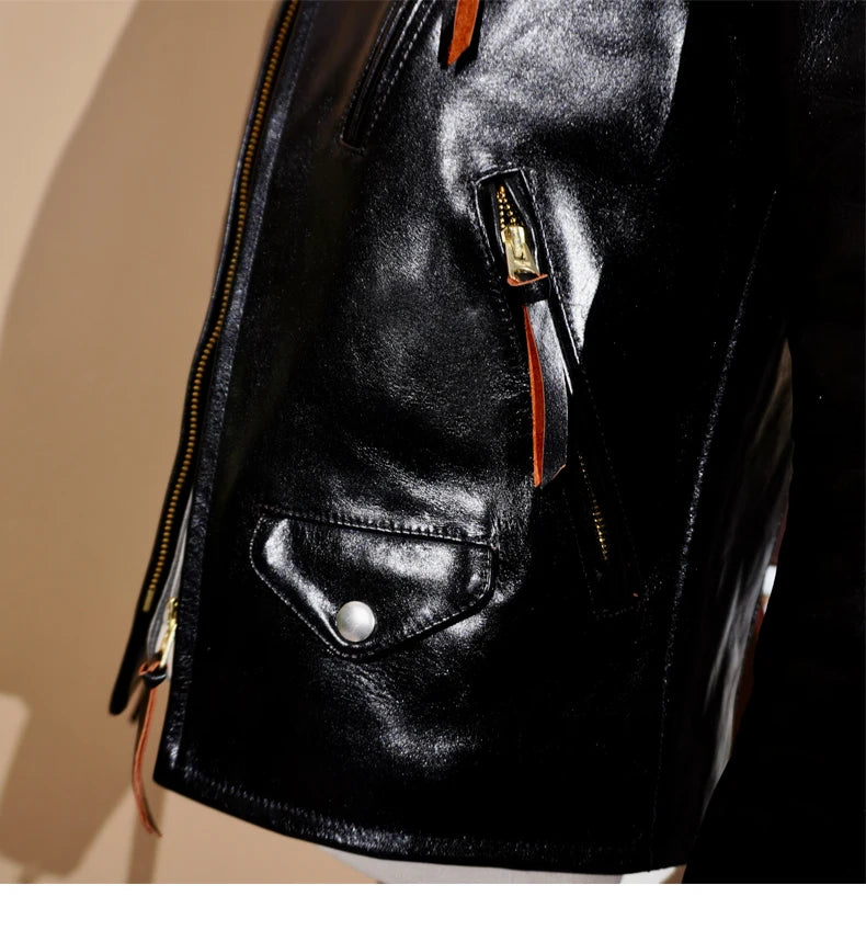 RL Style Heavyweight Tea Core Horseskin Venom Leather Jacket Men's Stand-up Collar Biker Jacket American Retro Short Tom Hardy