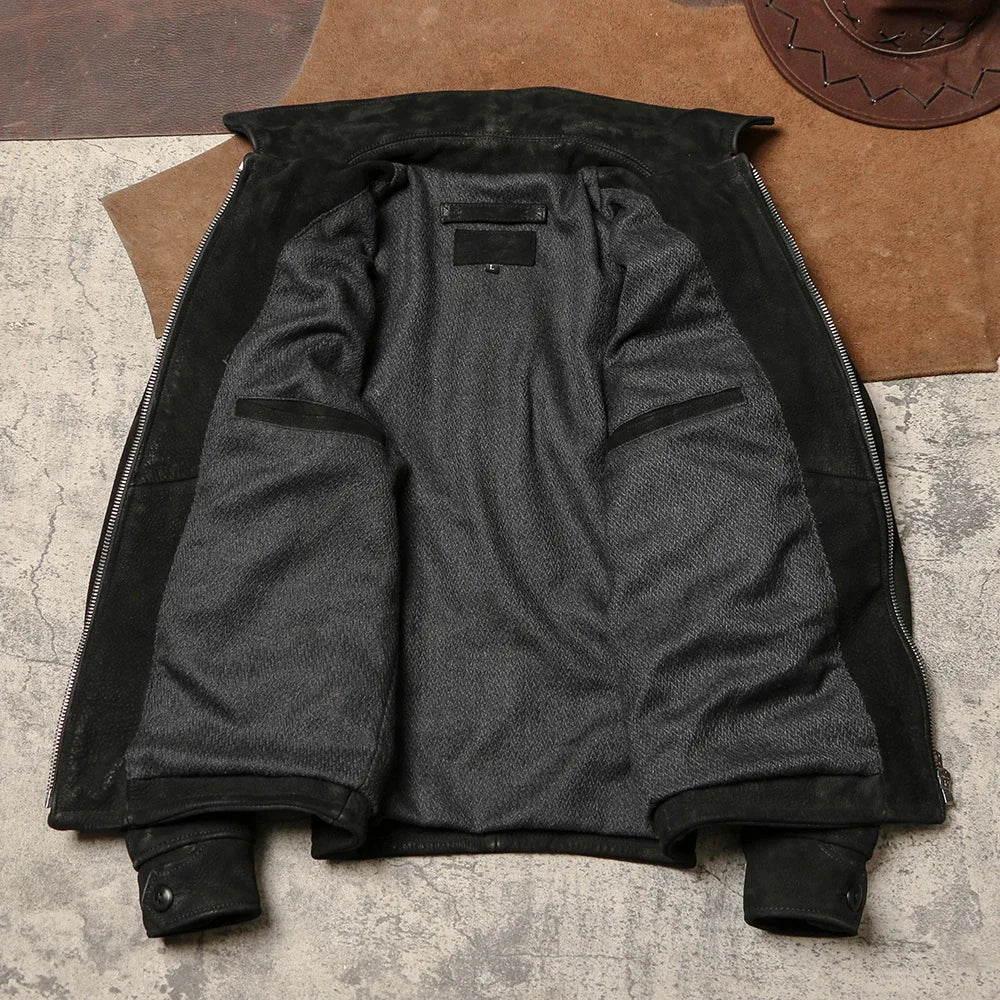 1930 Vintage Distressed Lapel Leather Jacket 1.6 Heavy Pound Brushed Cowhide Leather Jacket JS02 Leather Biker Jacket