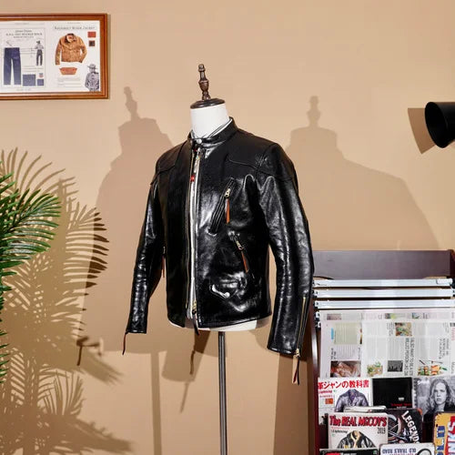 RL Style Heavyweight Tea Core Horseskin Venom Leather Jacket Men's Stand-up Collar Biker Jacket American Retro Short Tom Hardy