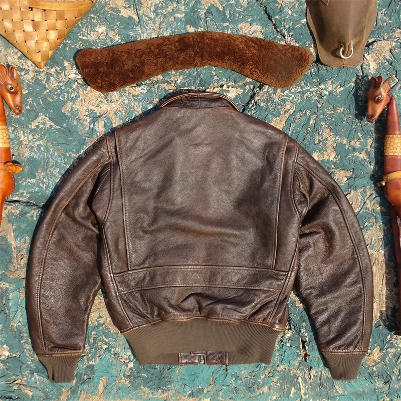 Tailor Brando Heavy Washed Aged Cowhide Men's G1 Pilot Jacket Removable Fur Collar Genuine Leather Jacket
